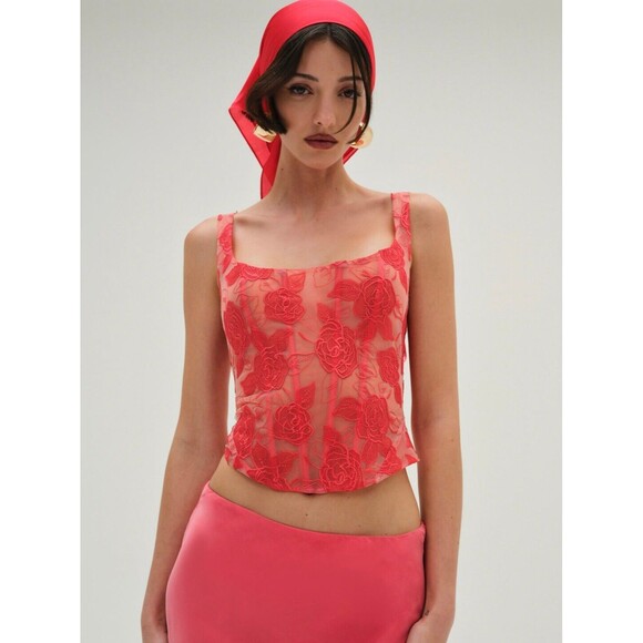 For Love & Lemons Tops - NWT For Love & Lemons Red Floral Sheer Corset Tank